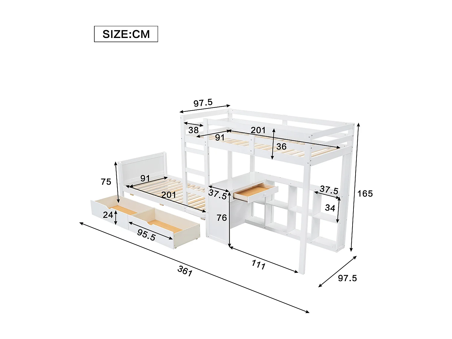 Lit superposé enfant 90x200cm avec 3 tiroirs, bureau et étagère- Bois en pin et MDF - Blanc