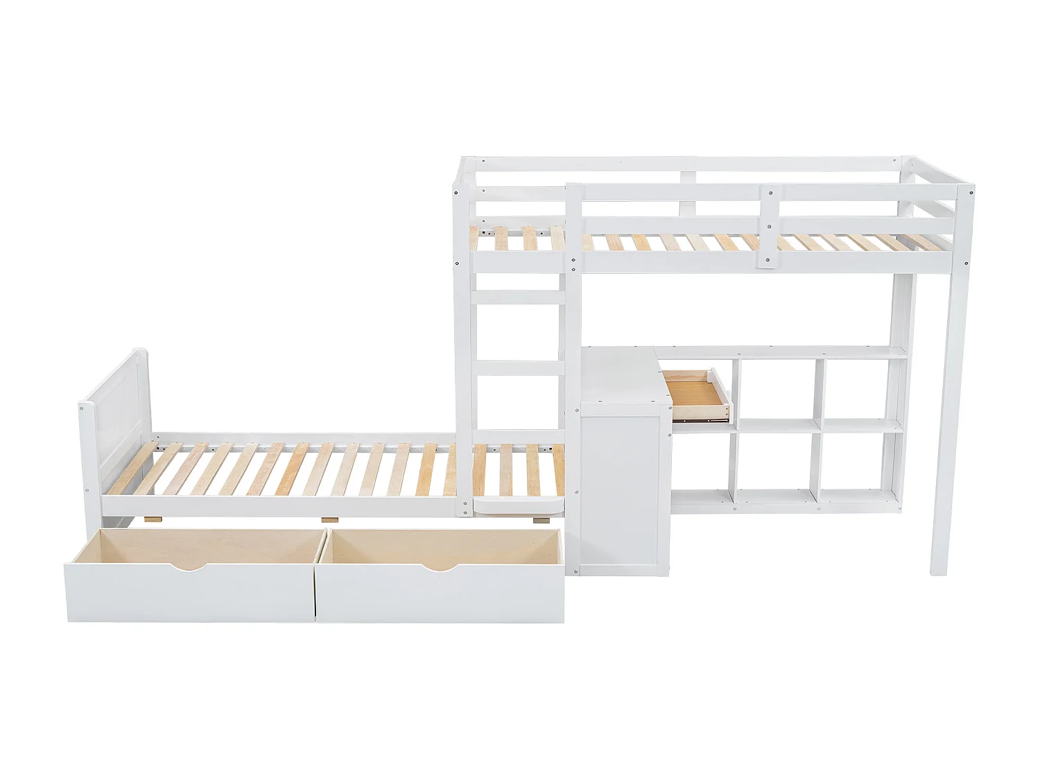 Lit superposé enfant 90x200cm avec 3 tiroirs, bureau et étagère- Bois en pin et MDF - Blanc