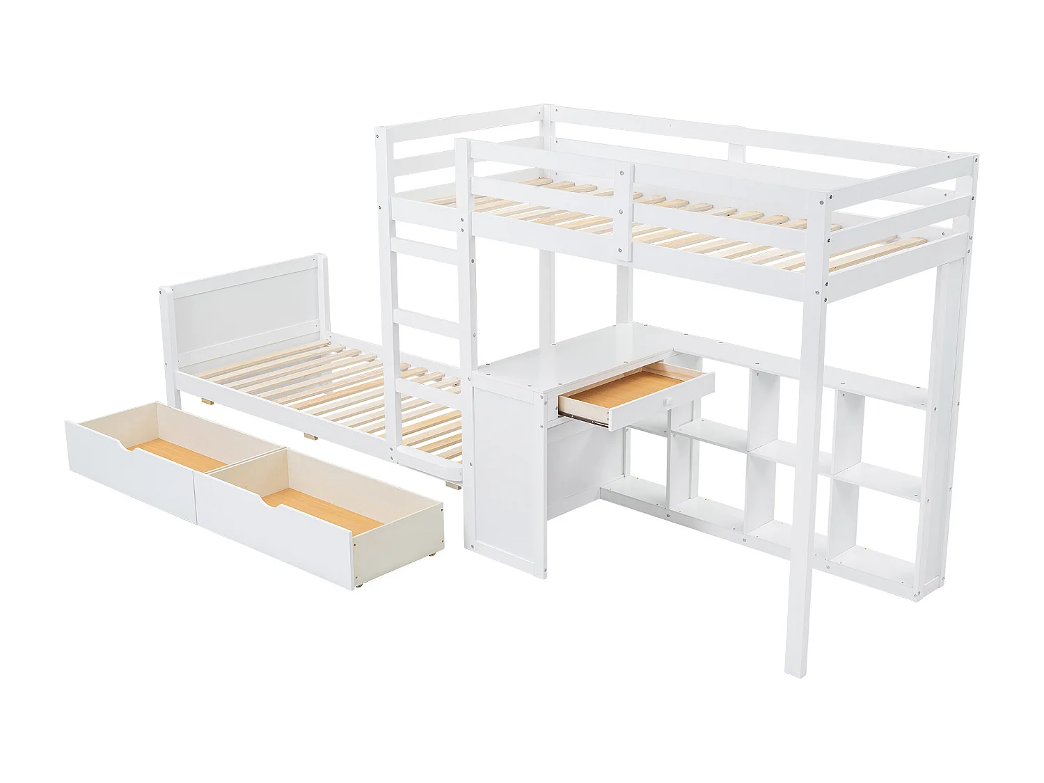 Lit superposé enfant 90x200cm avec 3 tiroirs, bureau et étagère- Bois en pin et MDF - Blanc