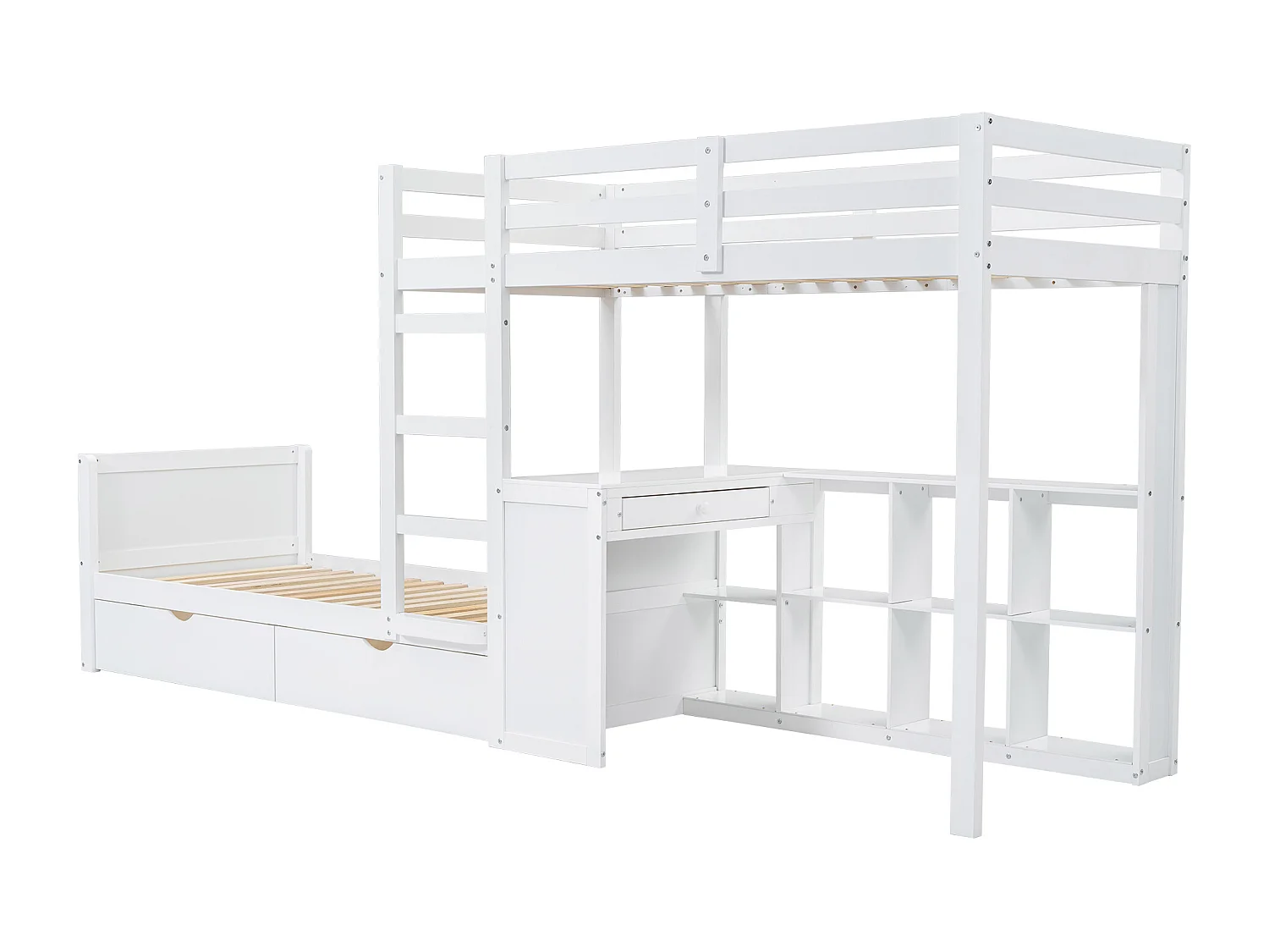 Lit superposé enfant 90x200cm avec 3 tiroirs, bureau et étagère- Bois en pin et MDF - Blanc