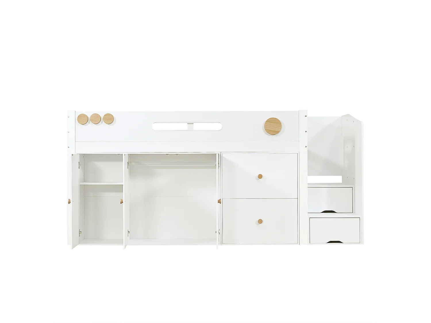 Lit mi hauteur 90x200 cm avec 2 tiroirs , armoire et secalier de rangement - Bois pin et MDF- Blanc