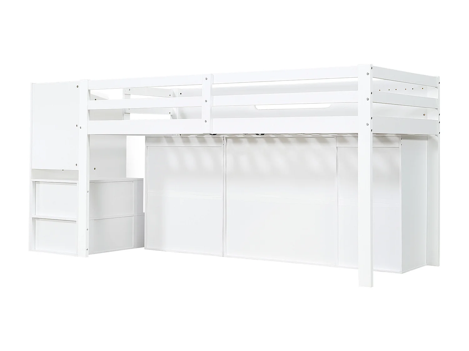 Lit mi hauteur 90x200 cm avec 2 tiroirs , armoire et secalier de rangement - Bois pin et MDF- Blanc