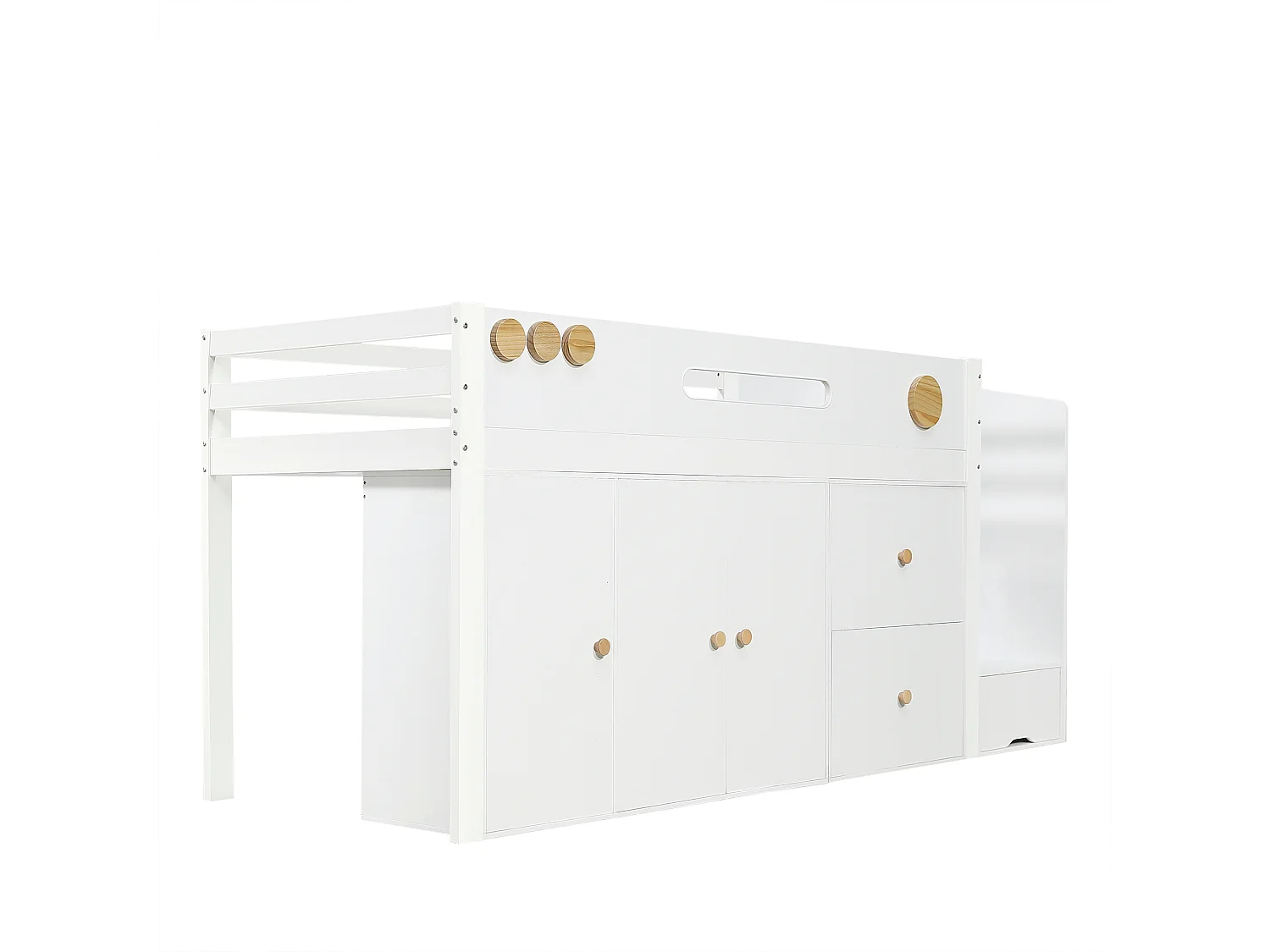 Lit mi hauteur 90x200 cm avec 2 tiroirs , armoire et secalier de rangement - Bois pin et MDF- Blanc