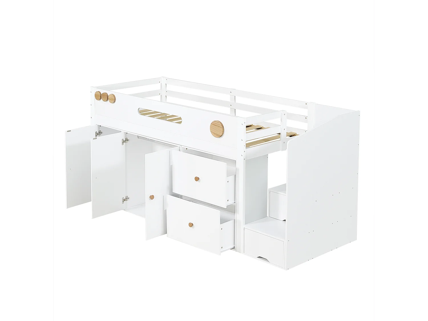 Lit mi hauteur 90x200 cm avec 2 tiroirs , armoire et secalier de rangement - Bois pin et MDF- Blanc