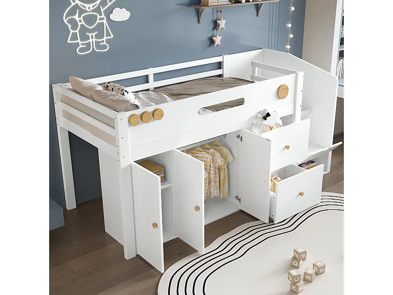 Lit mi hauteur 90x200 cm avec 2 tiroirs , armoire et secalier de rangement - Bois pin et MDF- Blanc