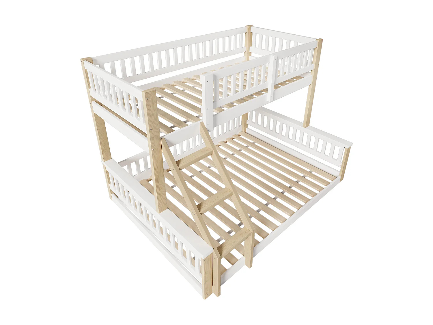 Lit superposé 90 x 200cm et 140x200cm avec échelle et barrières - Bois pin et MDF - Blanc et naturel