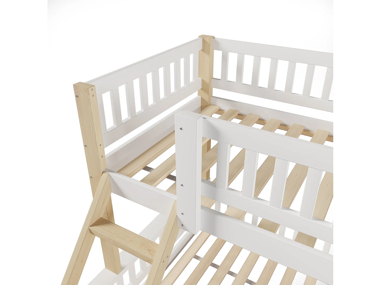 Lit superposé 90 x 200cm et 140x200cm avec échelle et barrières - Bois pin et MDF - Blanc et naturel