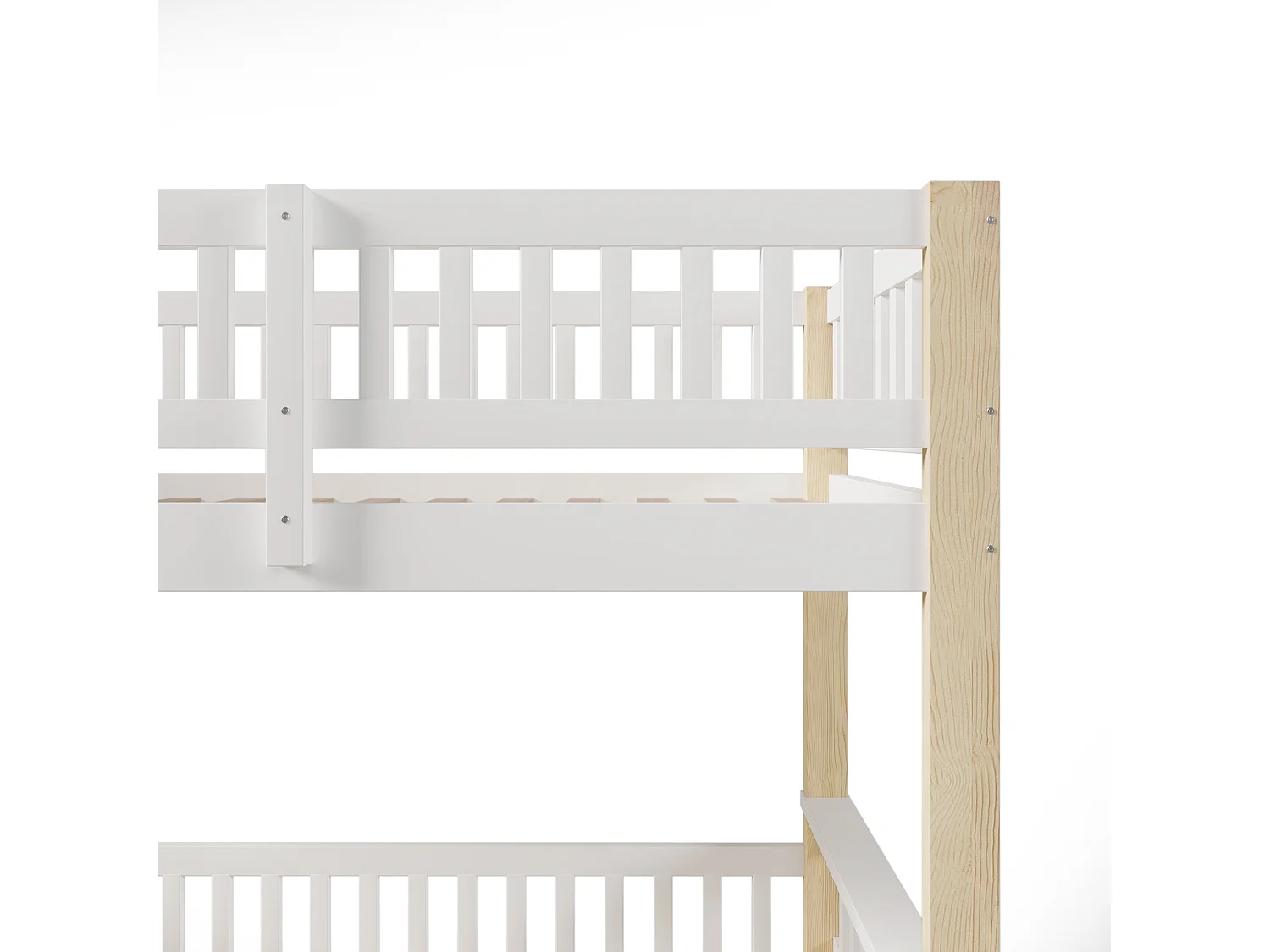 Lit superposé 90 x 200cm et 140x200cm avec échelle et barrières - Bois pin et MDF - Blanc et naturel