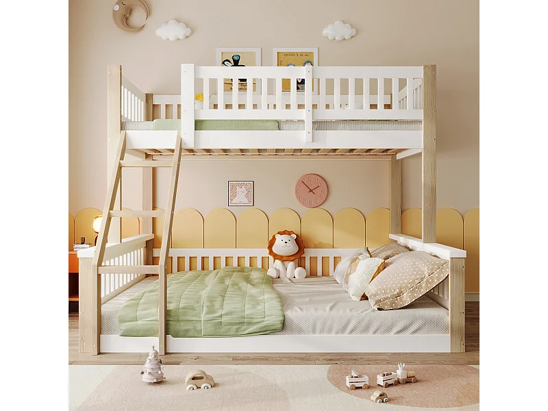 Lit superposé 90 x 200cm et 140x200cm avec échelle et barrières - Bois pin et MDF - Blanc et naturel