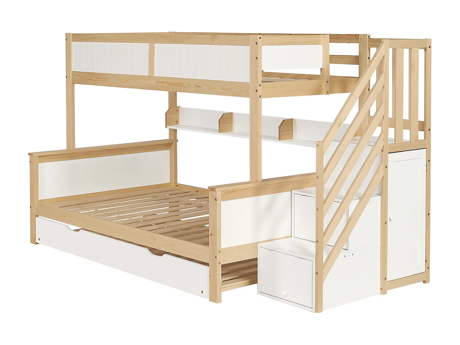 Stapelbedden 90x200cm en 120x200cm met uitschuifbed 90x190cm - Kledingkast en opbergruimte - Wit + Naturel