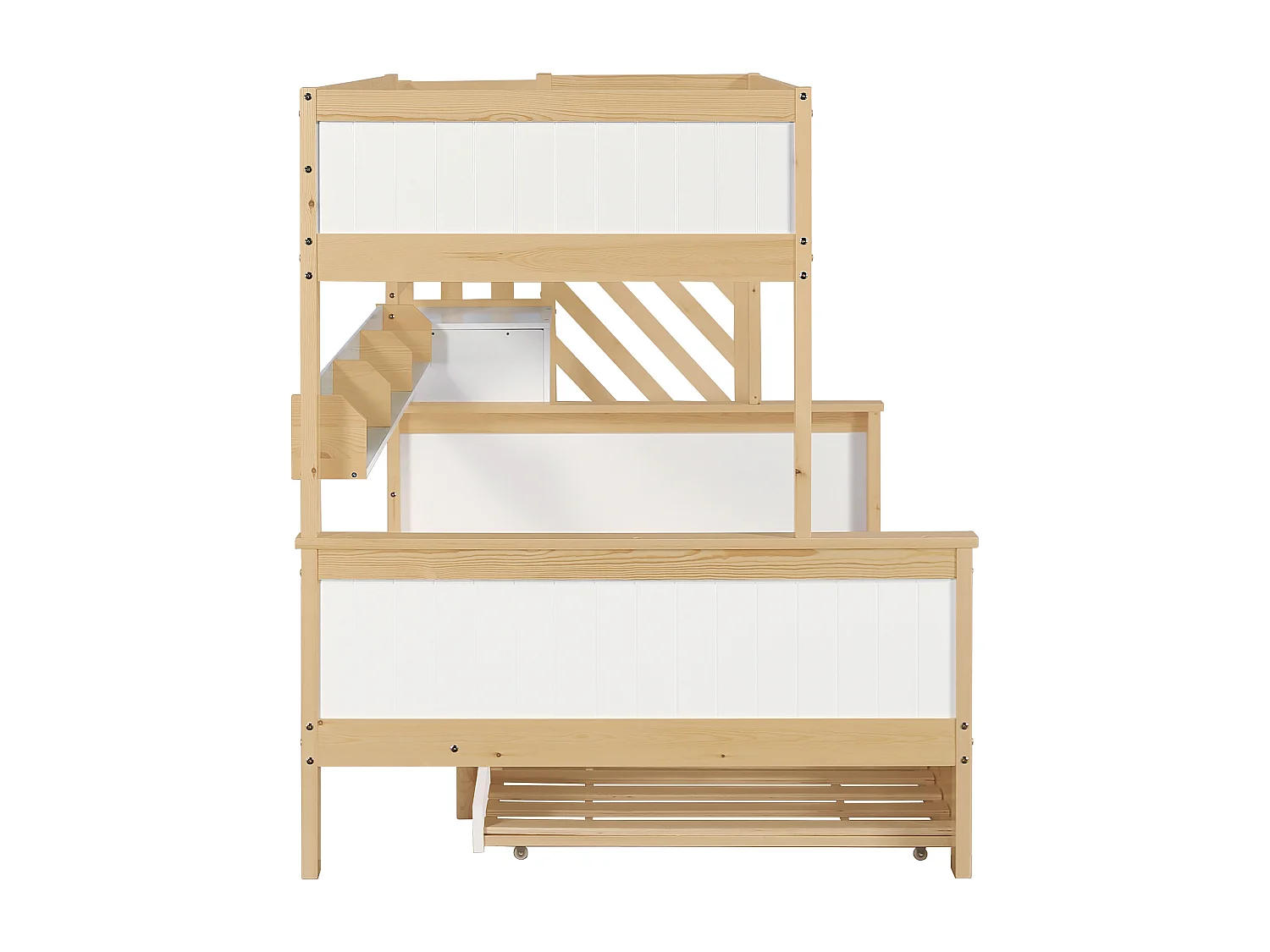 Stapelbedden 90x200cm en 120x200cm met uitschuifbed 90x190cm - Kledingkast en opbergruimte - Wit + Naturel