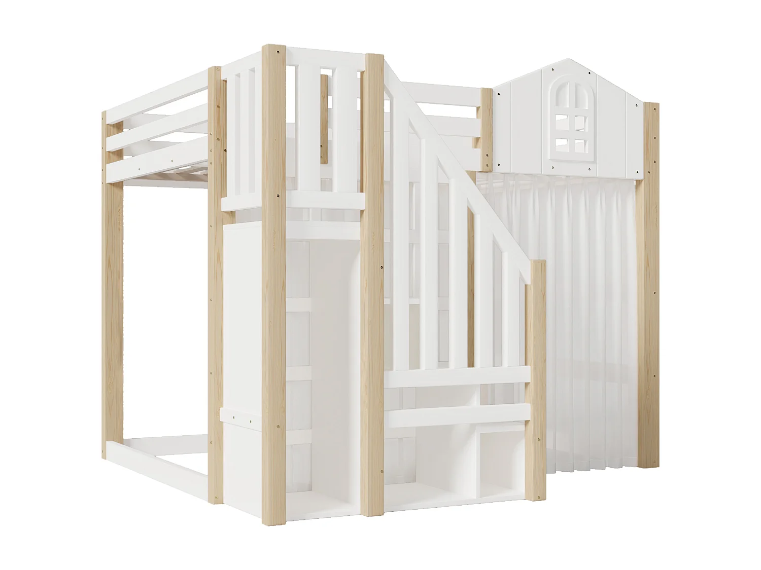Lit mezzanine enfant 140x200cm avec LED, escalier et rangement - Blanc bois (sans matelas)