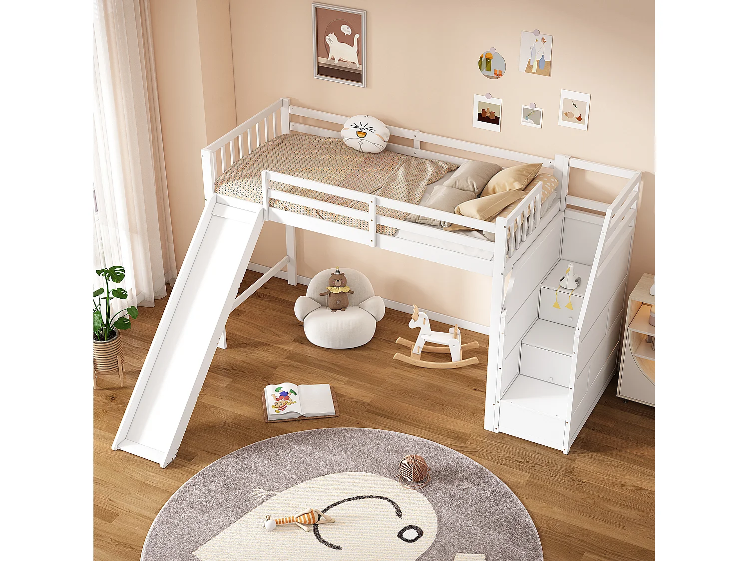 Letto a soppalco per bambini 90x200cm con scivolo e scaletta contenitore - Bianco (materasso non incluso)