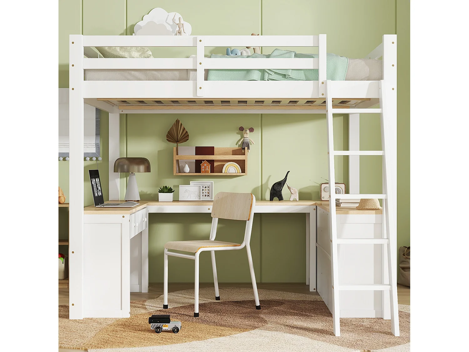 Lit mezzanine enfant 140x200 cm avec table en forme de U, 2 tiroirs et rangement - Bois blanc