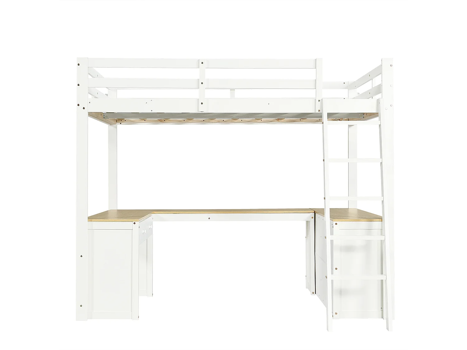 Lit mezzanine enfant 140x200 cm avec table en forme de U, 2 tiroirs et rangement - Bois blanc