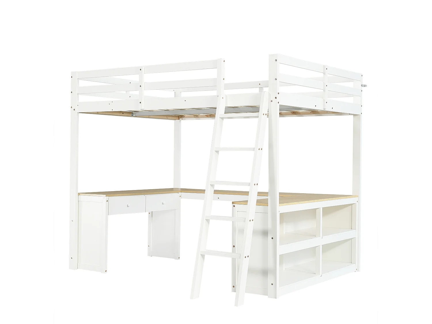 Lit mezzanine enfant 140x200 cm avec table en forme de U, 2 tiroirs et rangement - Bois blanc