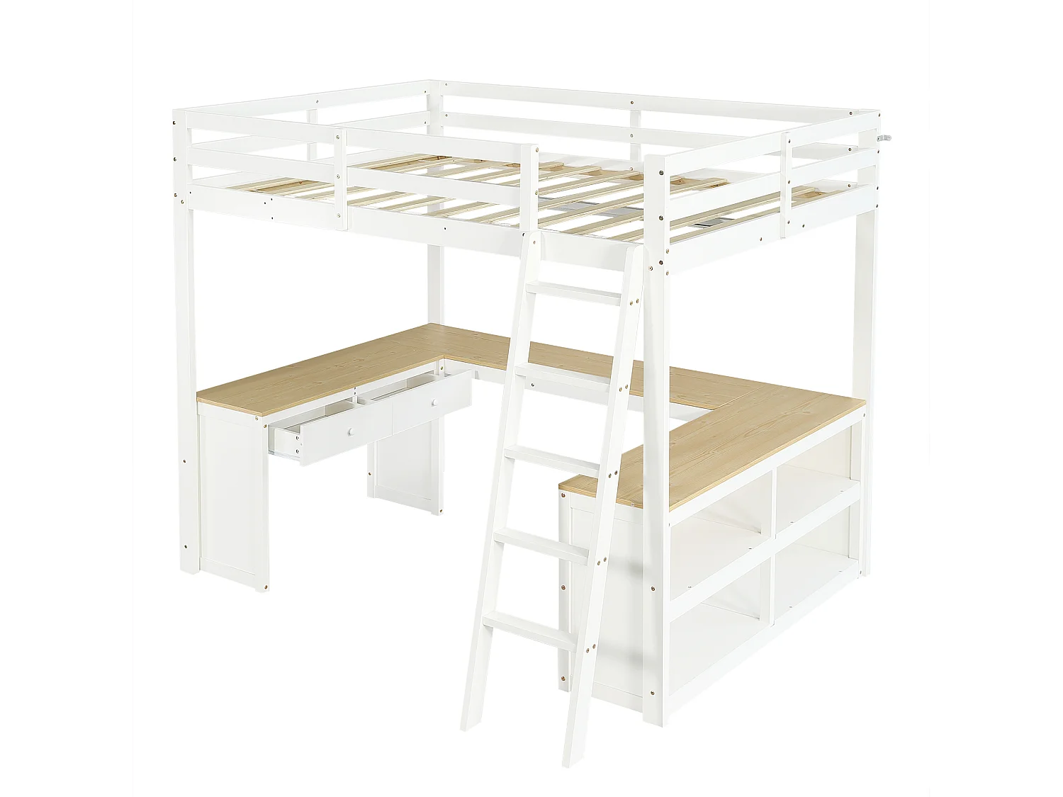 Lit mezzanine enfant 140x200 cm avec table en forme de U, 2 tiroirs et rangement - Bois blanc