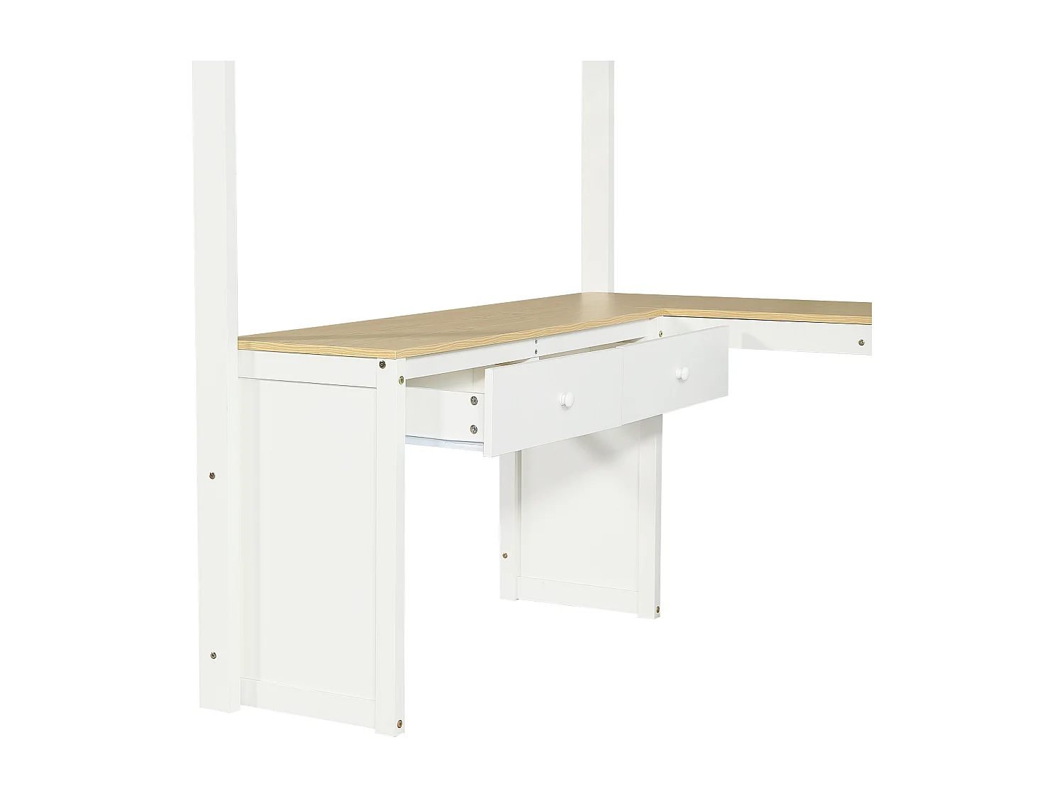 Lit mezzanine enfant 140x200 cm avec table en forme de U, 2 tiroirs et rangement - Bois blanc