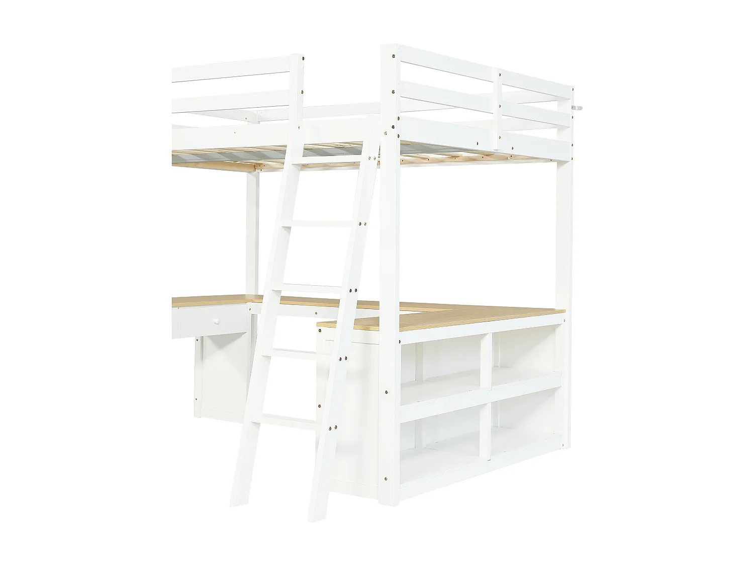 Lit mezzanine enfant 140x200 cm avec table en forme de U, 2 tiroirs et rangement - Bois blanc