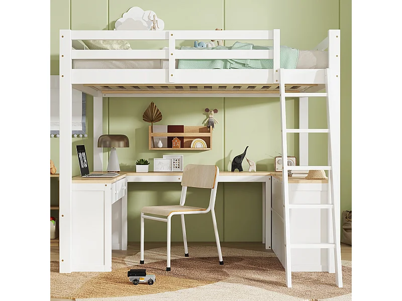 Lit mezzanine enfant 140x200 cm avec table en forme de U, 2 tiroirs et rangement - Bois blanc