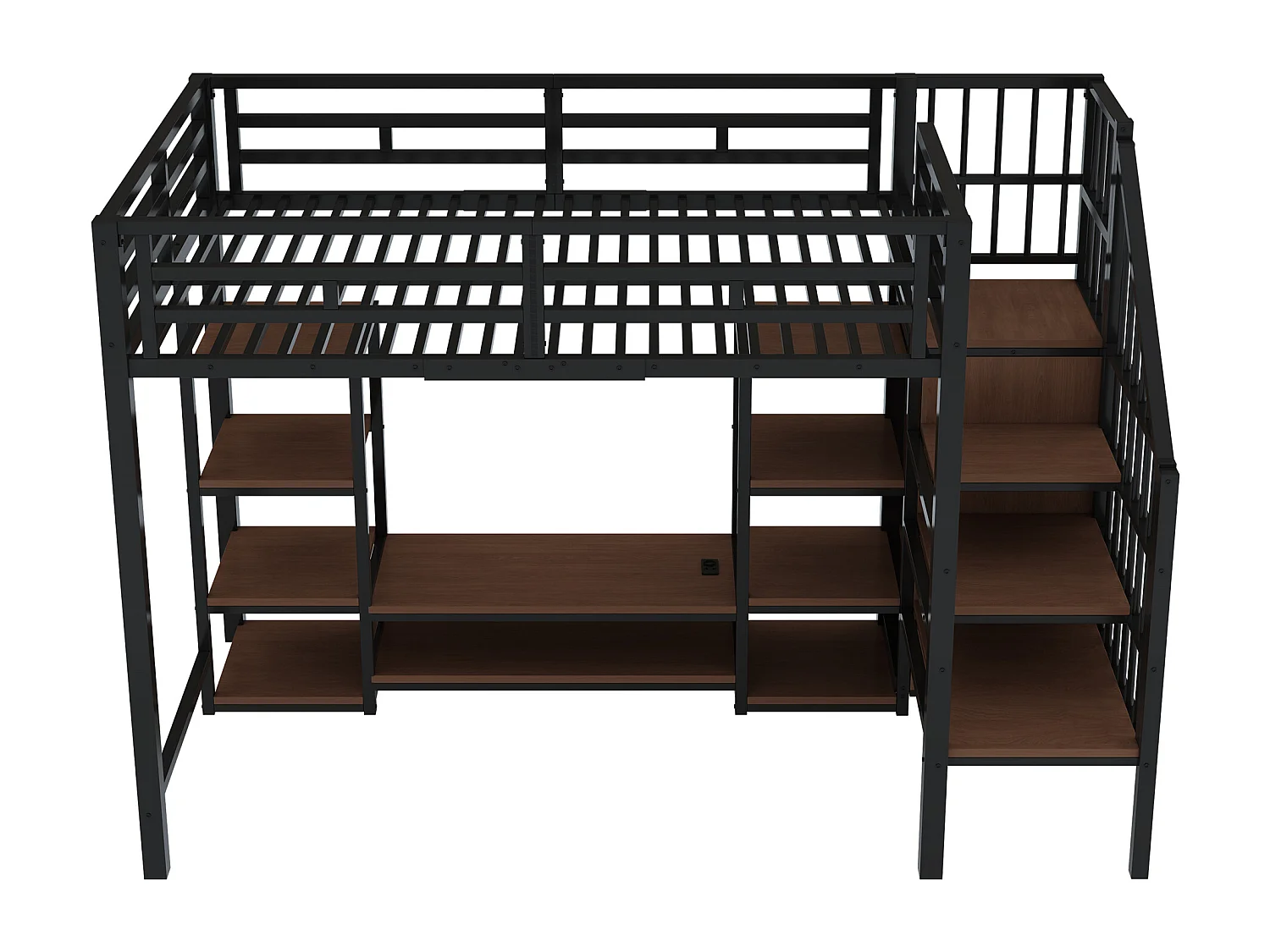 Letto a soppalco 90x200cm con presa elettrica, contenitore e scaletta - Metallo + MDF - Nero e legno scuro