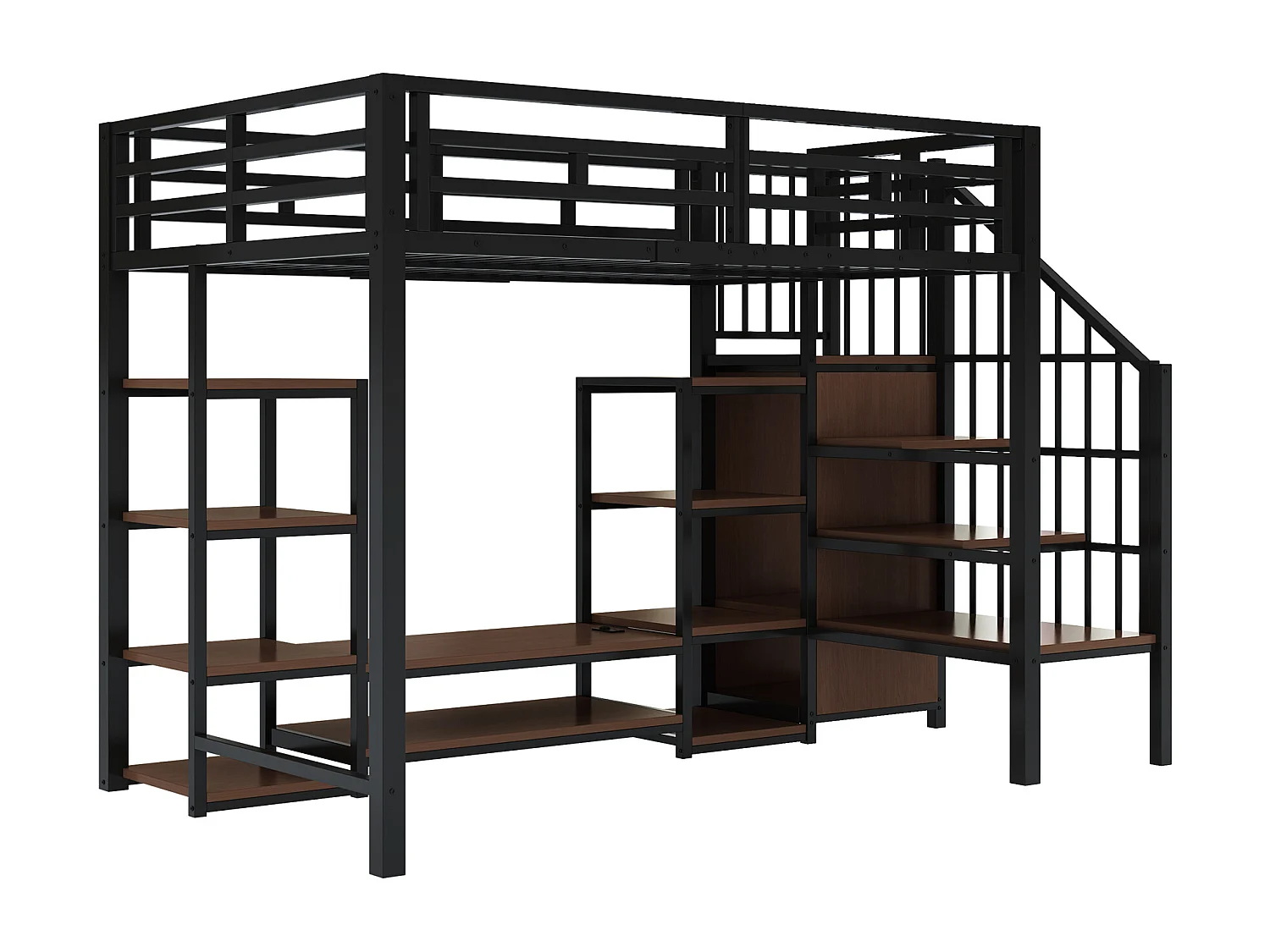 Letto a soppalco 90x200cm con presa elettrica, contenitore e scaletta - Metallo + MDF - Nero e legno scuro