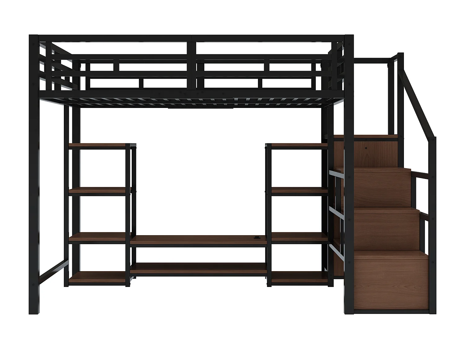 Letto a soppalco 140x200cm con presa elettrica, contenitore e scaletta - Metallo + MDF - Nero e legno scuro