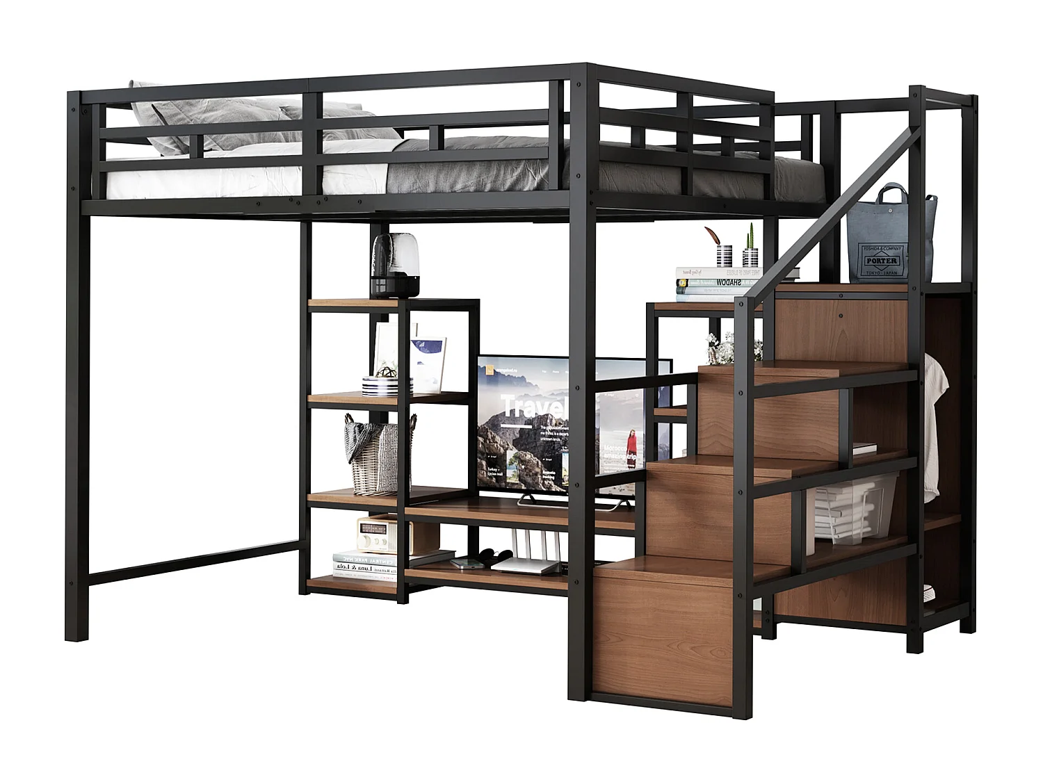 Letto a soppalco 140x200cm con presa elettrica, contenitore e scaletta - Metallo + MDF - Nero e legno scuro