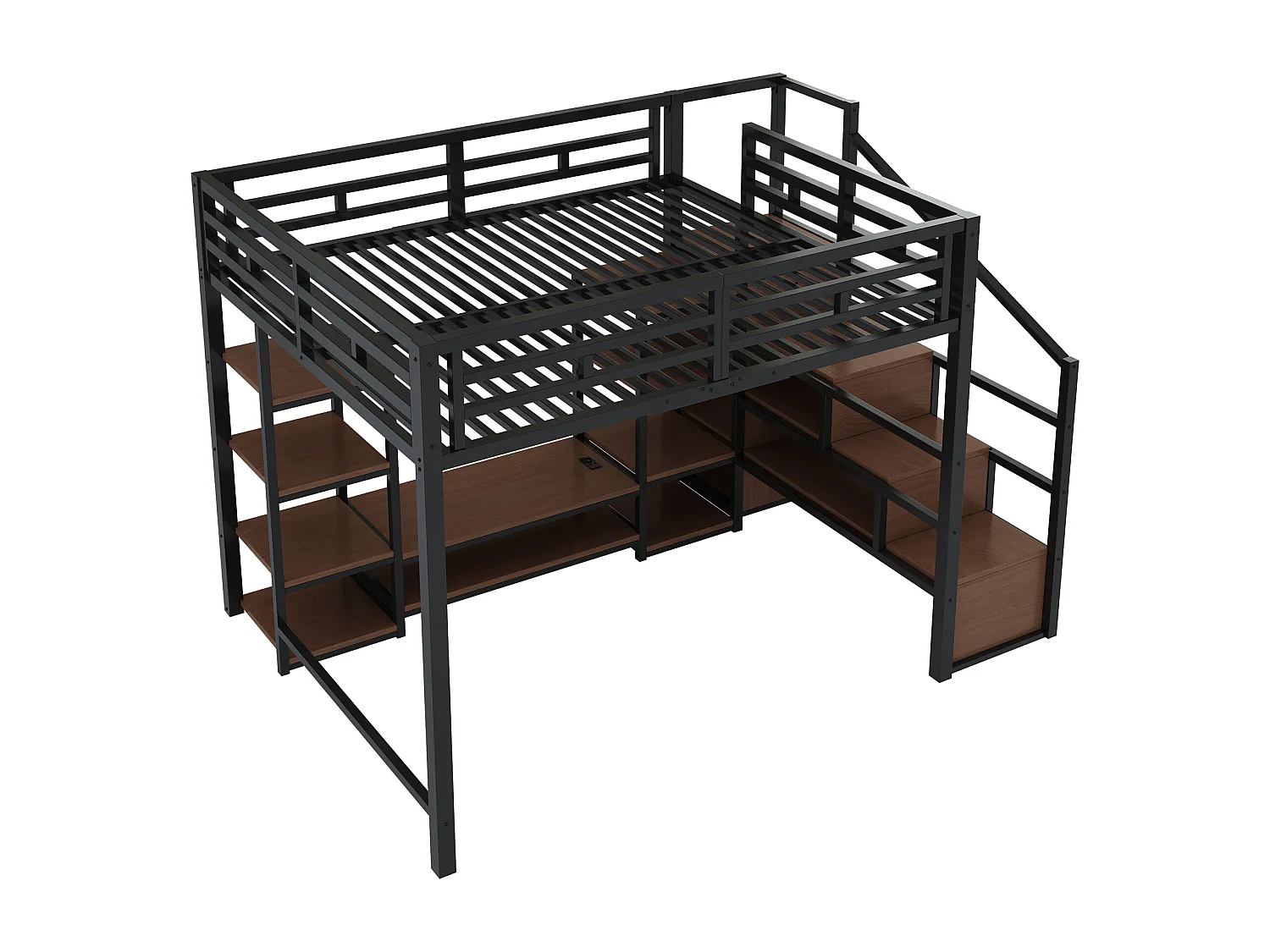 Letto a soppalco 140x200cm con presa elettrica, contenitore e scaletta - Metallo + MDF - Nero e legno scuro