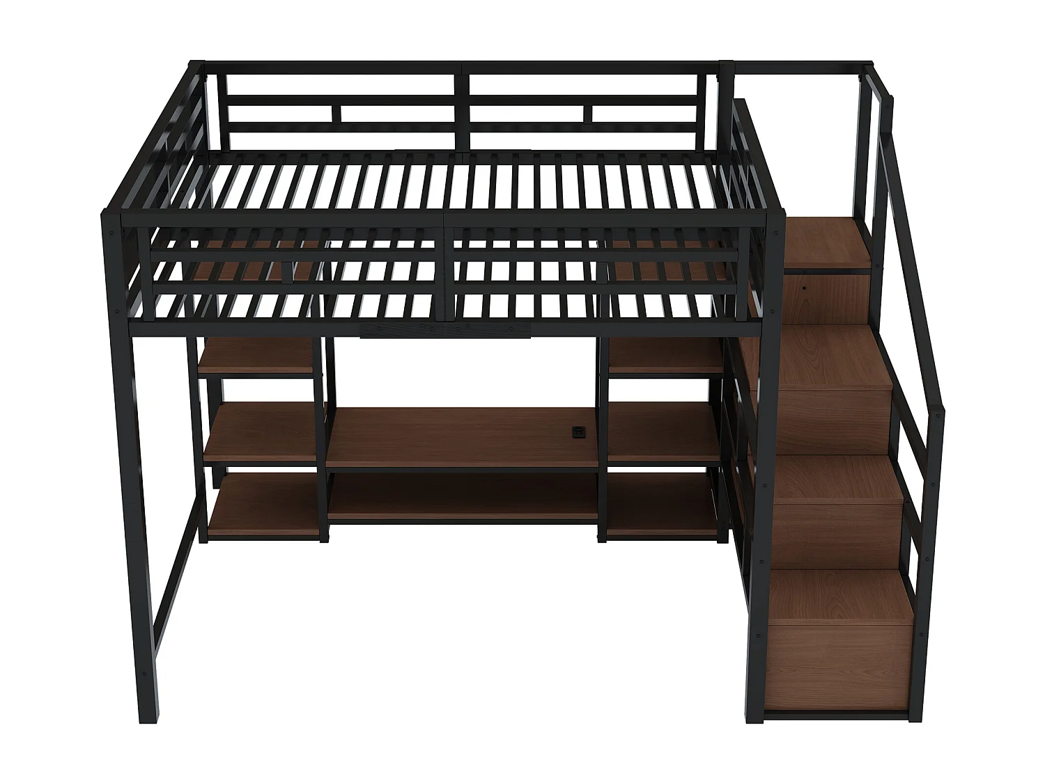 Letto a soppalco 140x200cm con presa elettrica, contenitore e scaletta - Metallo + MDF - Nero e legno scuro