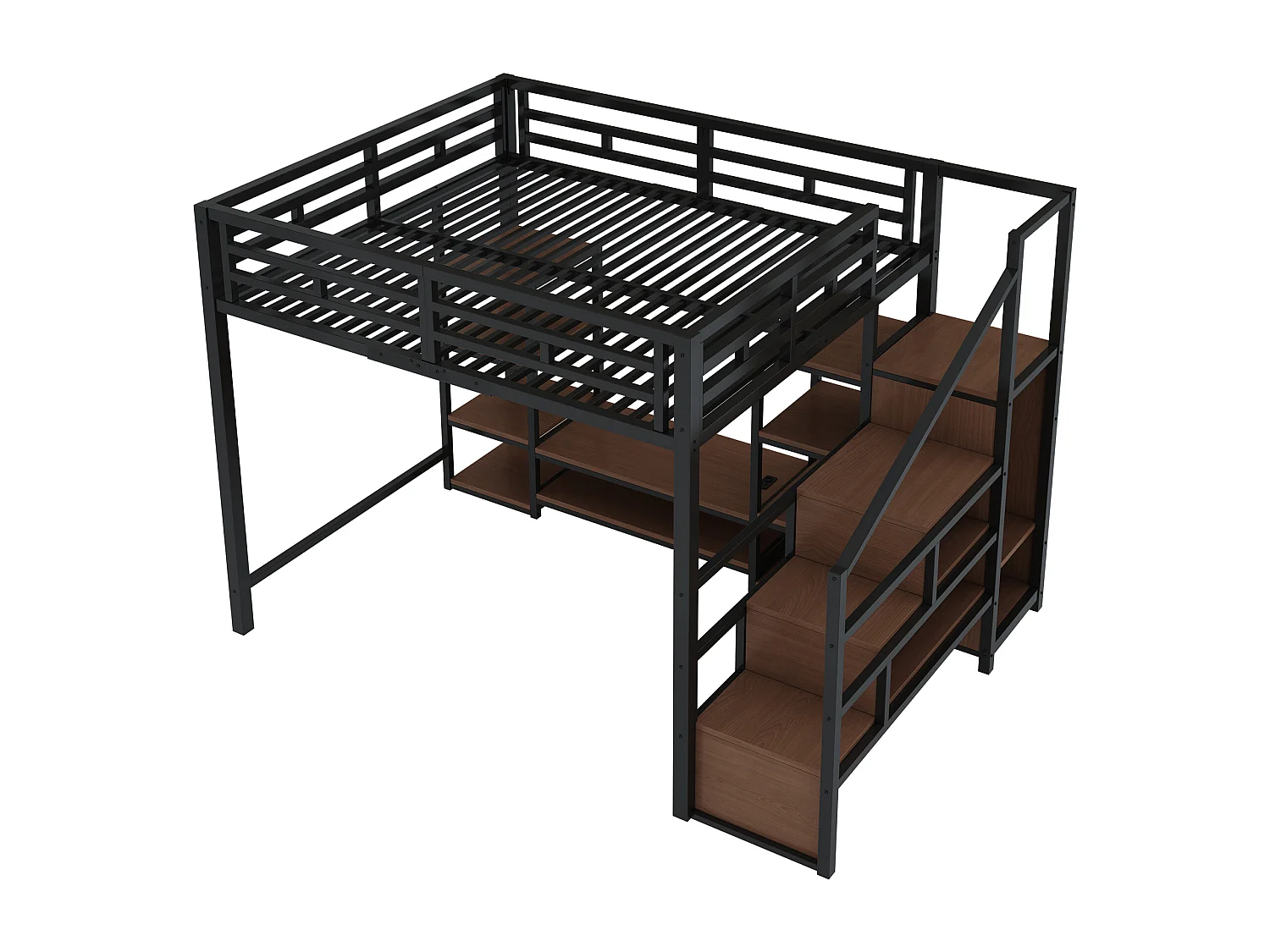 Letto a soppalco 140x200cm con presa elettrica, contenitore e scaletta - Metallo + MDF - Nero e legno scuro