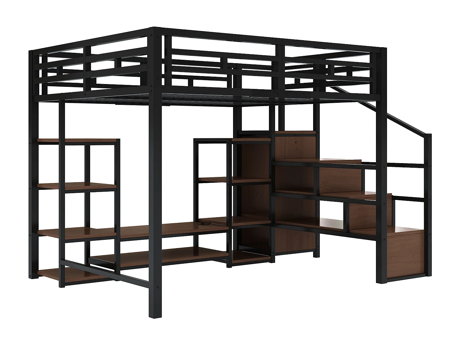 Letto a soppalco 140x200cm con presa elettrica, contenitore e scaletta - Metallo + MDF - Nero e legno scuro