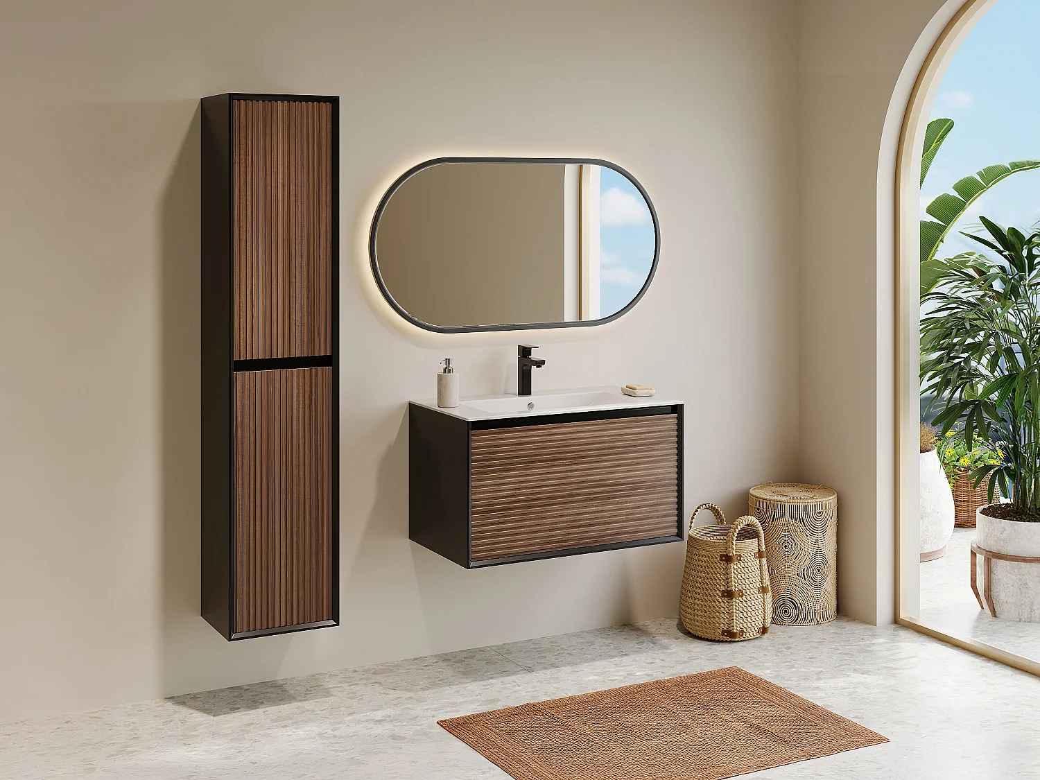 Meuble de salle de bain suspendu strié avec vasque à encastrer, colonne et robinet - Coloris naturel foncé et noir - 80 cm - BANIVA