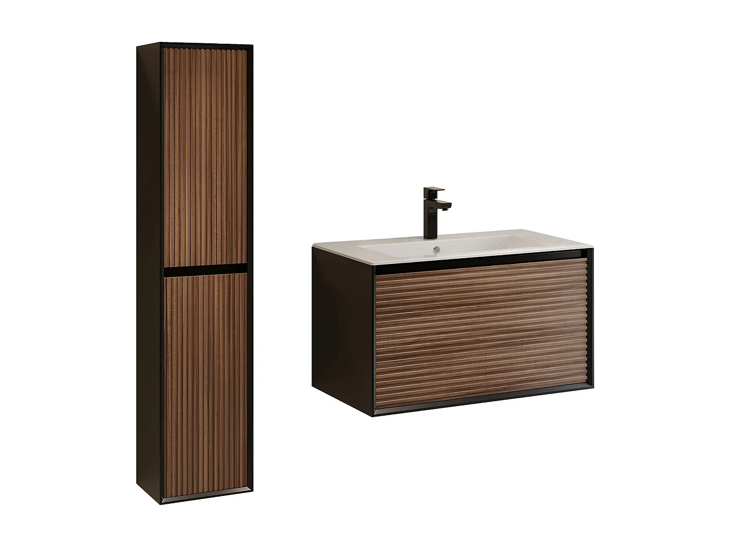 Meuble de salle de bain suspendu strié avec vasque à encastrer, colonne et robinet - Coloris naturel foncé et noir - 80 cm - BANIVA
