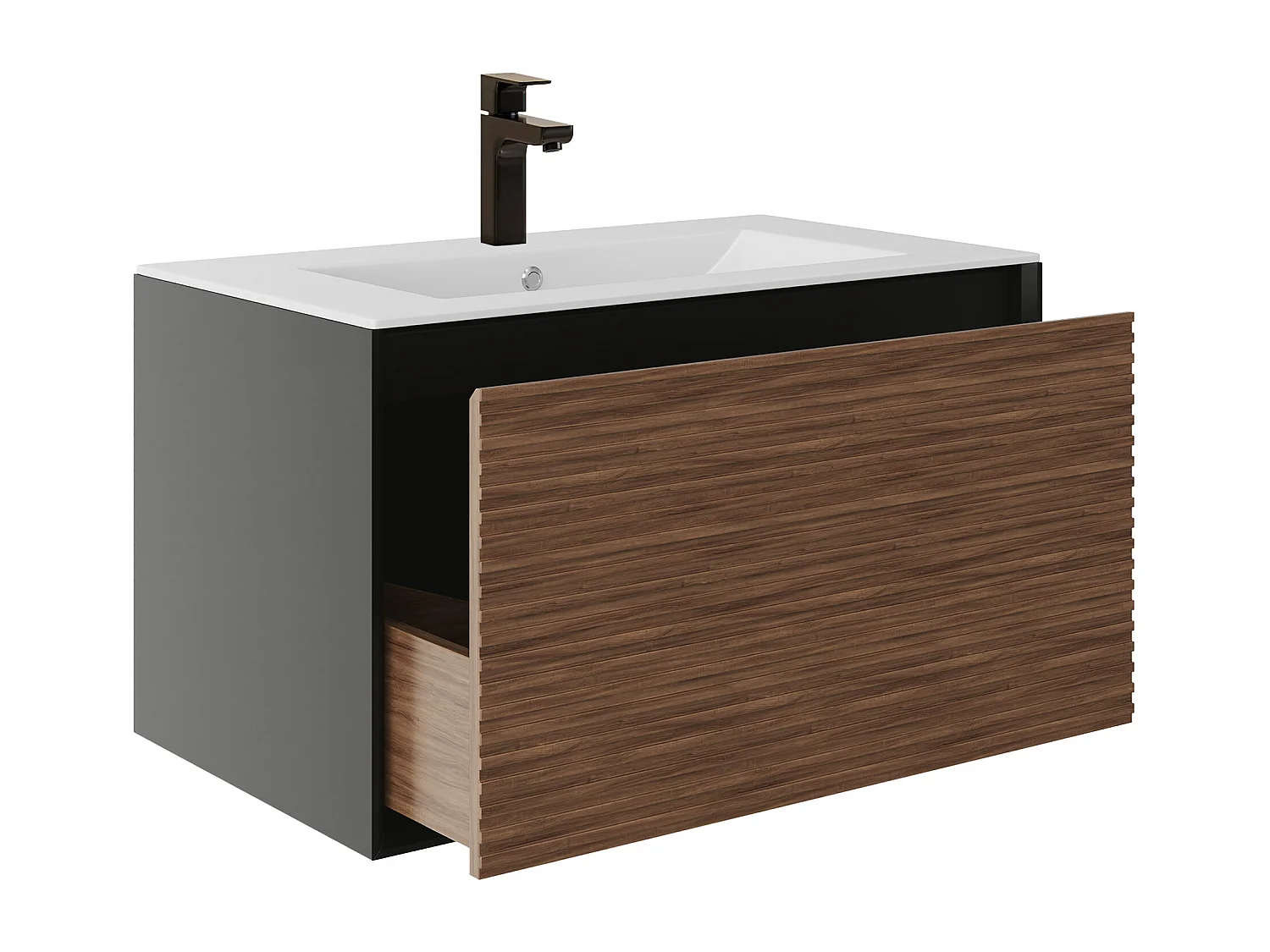 Meuble de salle de bain suspendu strié avec vasque à encastrer, colonne et robinet - Coloris naturel foncé et noir - 80 cm - BANIVA