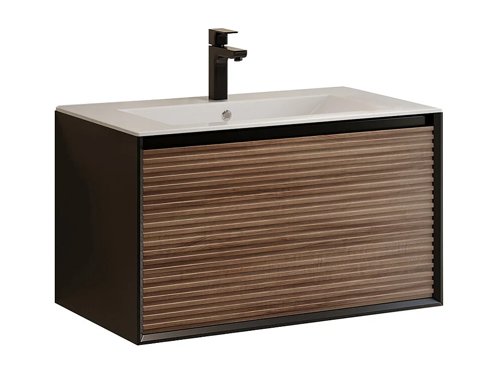 Meuble de salle de bain suspendu strié avec vasque à encastrer, colonne et robinet - Coloris naturel foncé et noir - 80 cm - BANIVA