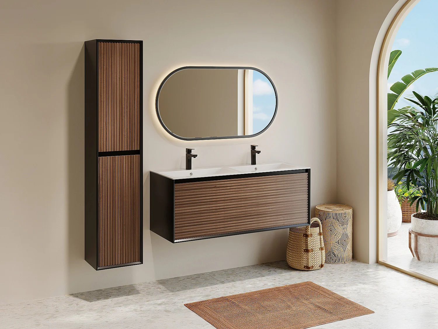 Meuble de salle de bain suspendu strié avec vasque à encastrer, colonne et robinet - Coloris naturel foncé et noir - 120 cm - BANIVA