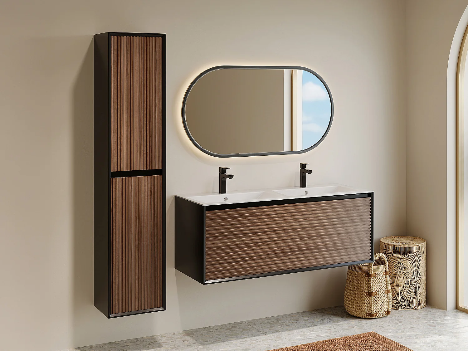 Meuble de salle de bain suspendu strié avec vasque à encastrer, colonne et robinet - Coloris naturel foncé et noir - 120 cm - BANIVA