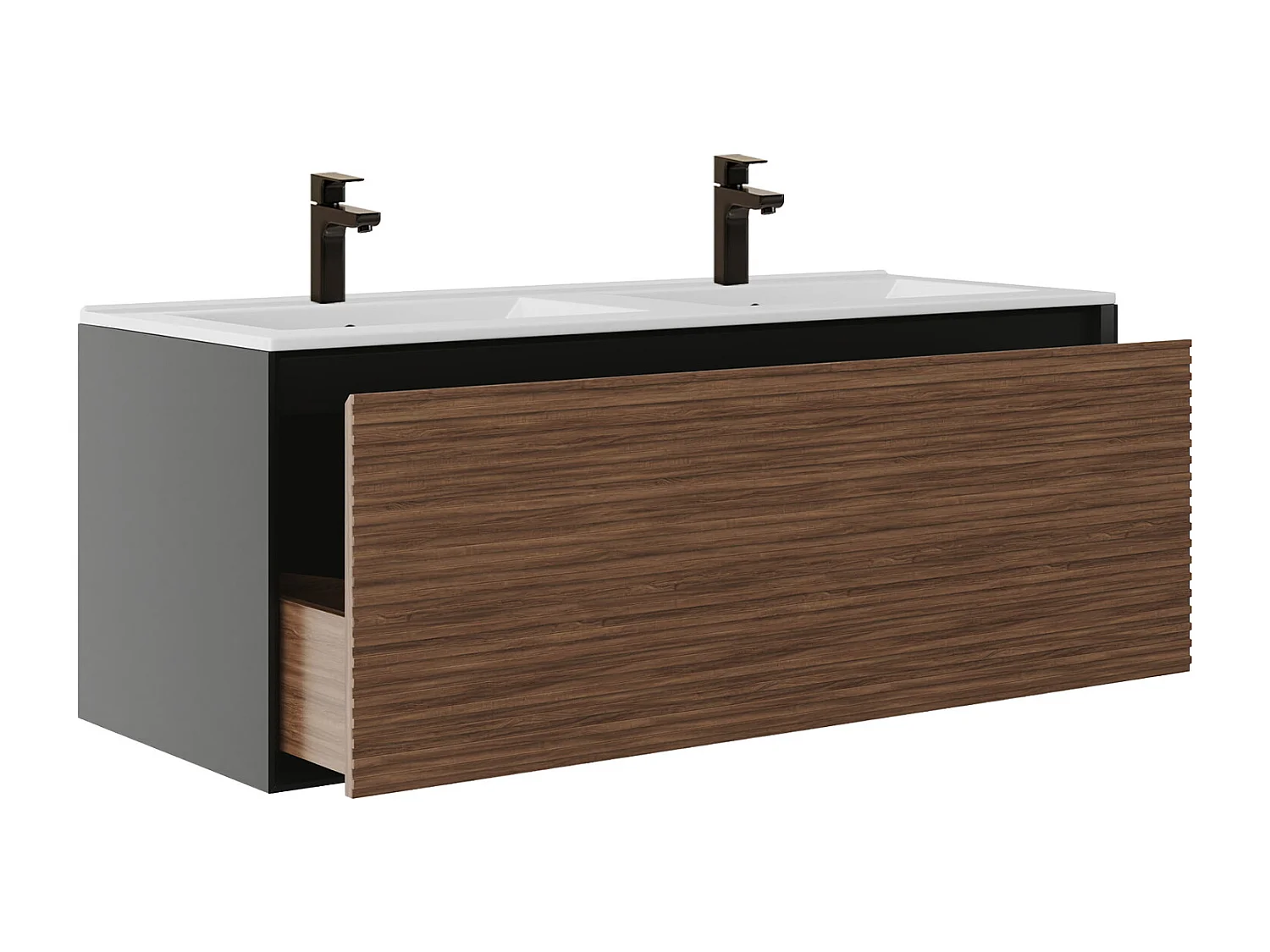 Meuble de salle de bain suspendu strié avec vasque à encastrer, colonne et robinet - Coloris naturel foncé et noir - 120 cm - BANIVA