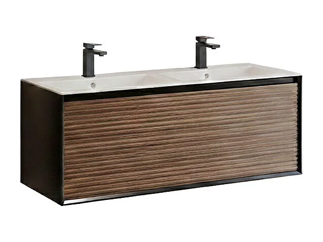 Meuble de salle de bain suspendu strié avec vasque à encastrer, colonne et robinet - Coloris naturel foncé et noir - 120 cm - BANIVA