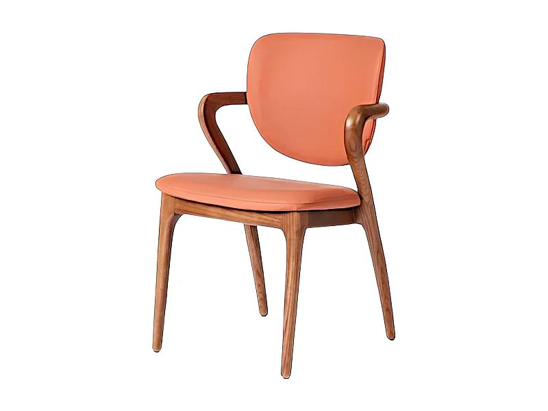 Chaise en cuir terracotta, accoudoirs bois brun ALDER