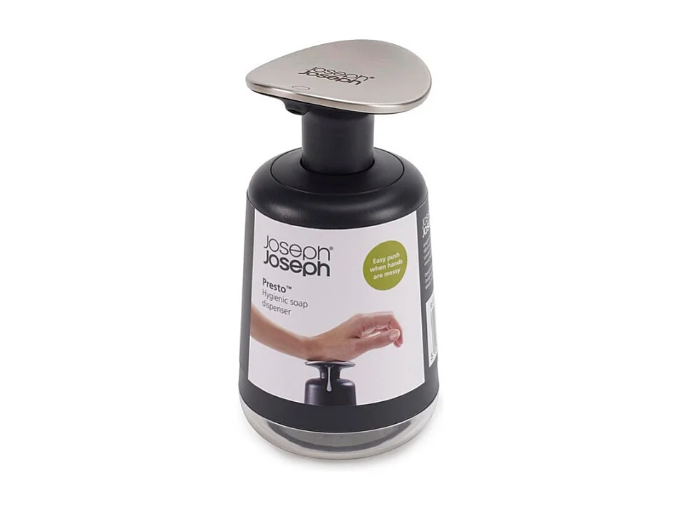 Distributeur de savon Joseph Joseph Presto™, pompe en acier inoxydable, facile à utiliser avec le poignet ou l'avant-bras, gris foncé, pratique, capacité de 250 ml.