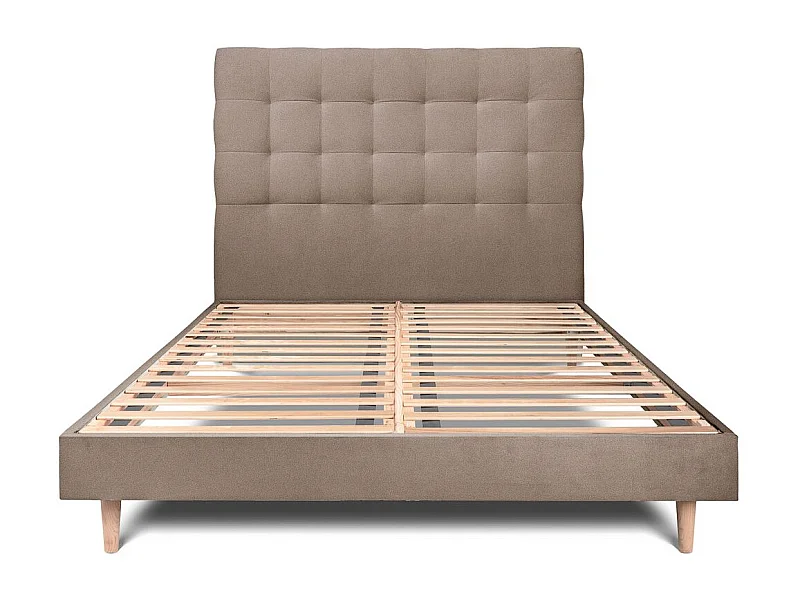 Lit 180x200cm avec tête de lit capitonnée velours et sommier kit taupe - Hauteur totale : 29cm