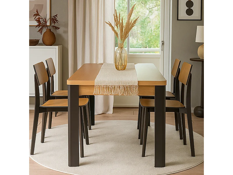 Table à manger 190 x 90 cm arrondis noir/naturel