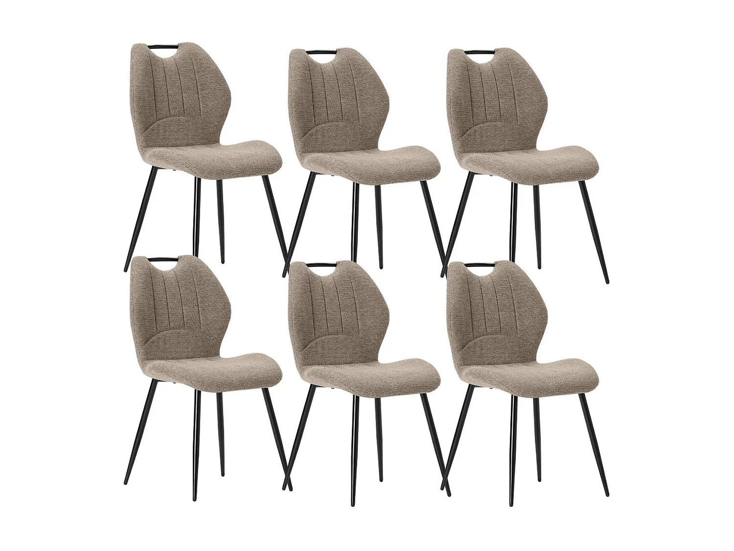 Lot de 6 chaises en tissu polyester maillé brun avec poignée et pieds en métal laqué noir - MILDA