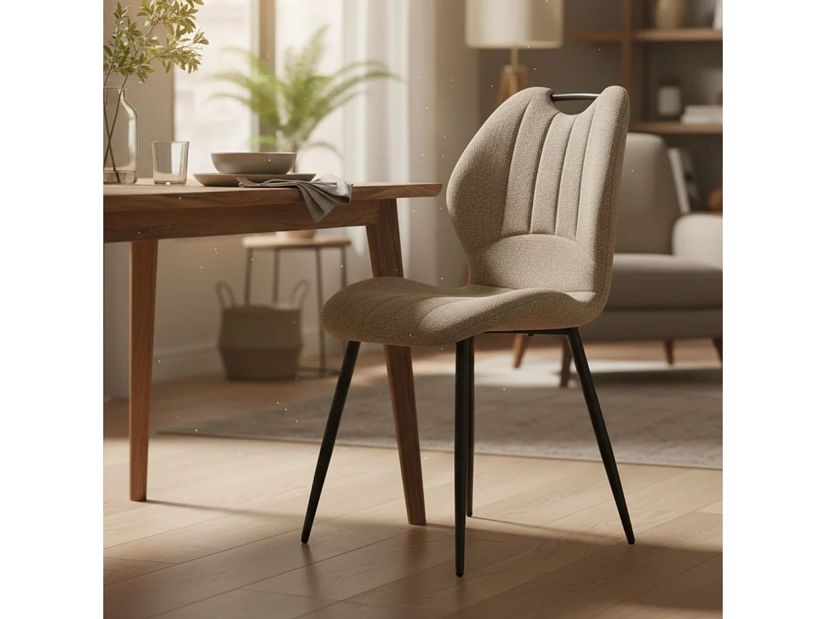 Lot de 6 chaises en tissu polyester maillé brun avec poignée et pieds en métal laqué noir - MILDA