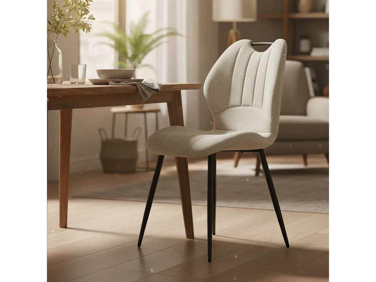 Lot de 4 chaises en tissu polyester maillé beige avec poignée et pieds en métal laqué noir - MILDA