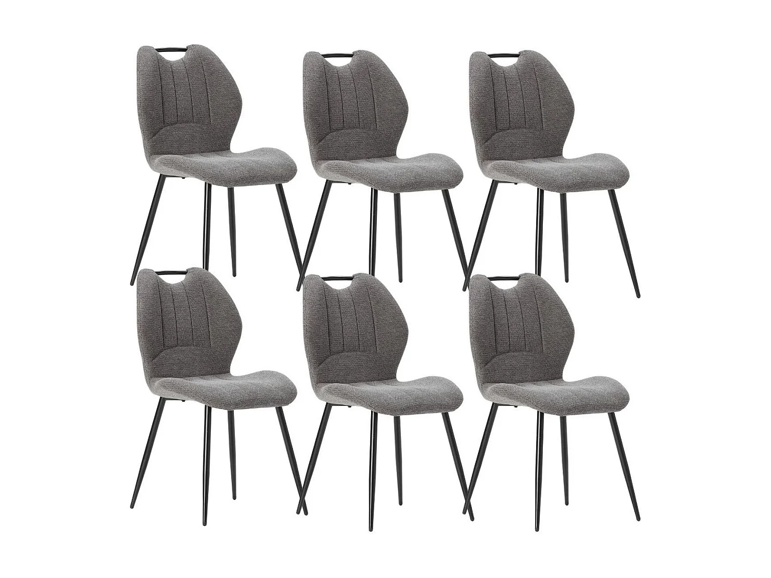 Lot de 6 chaises en tissu polyester maillé gris avec poignée et pieds en métal laqué noir - MILDA