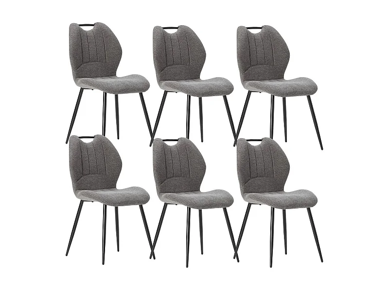 Lot de 6 chaises en tissu polyester maillé gris avec poignée et pieds en métal laqué noir - MILDA