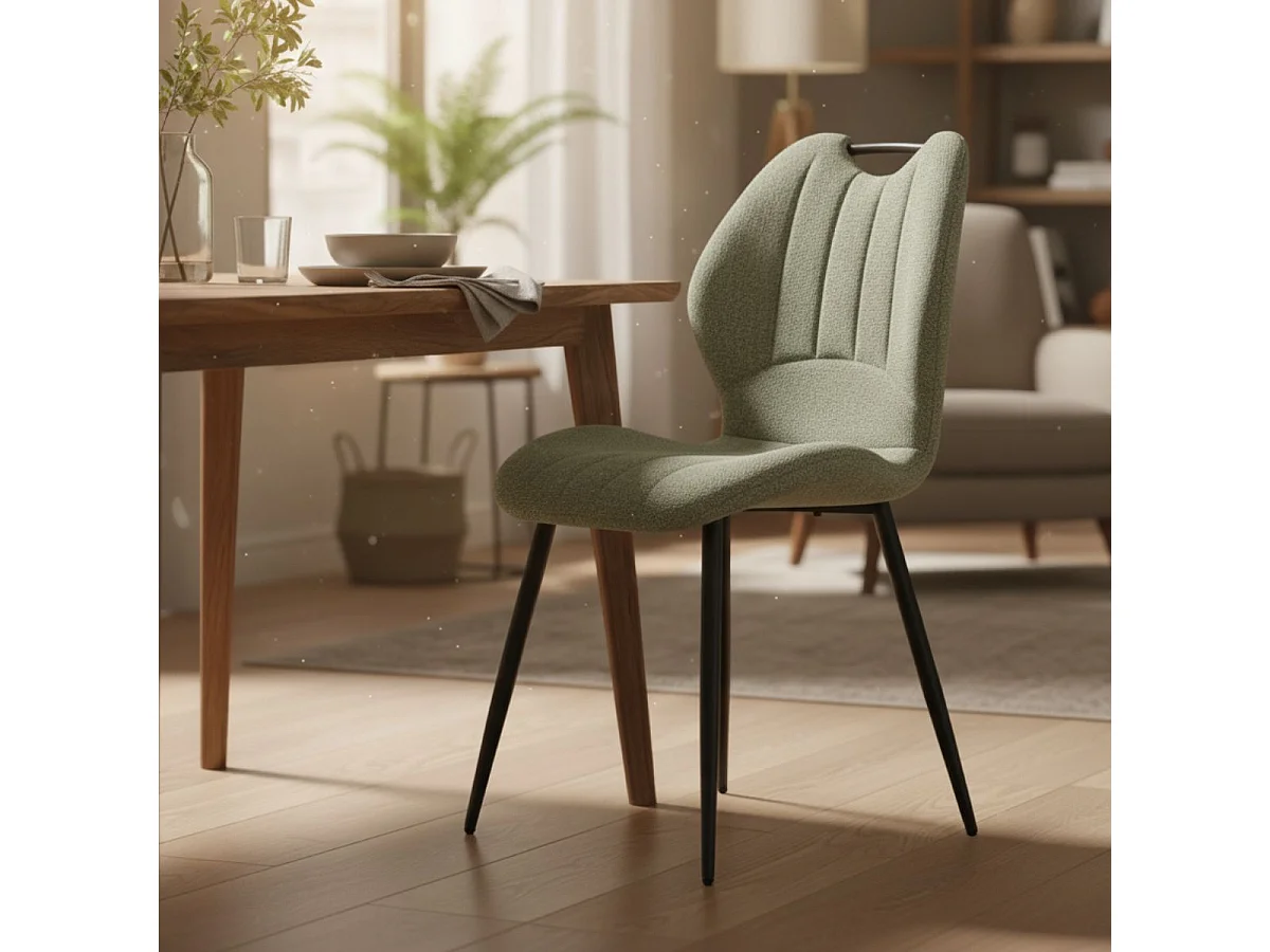 Lot de 6 chaises en tissu polyester maillé vert avec poignée et pieds en métal laqué noir - MILDA